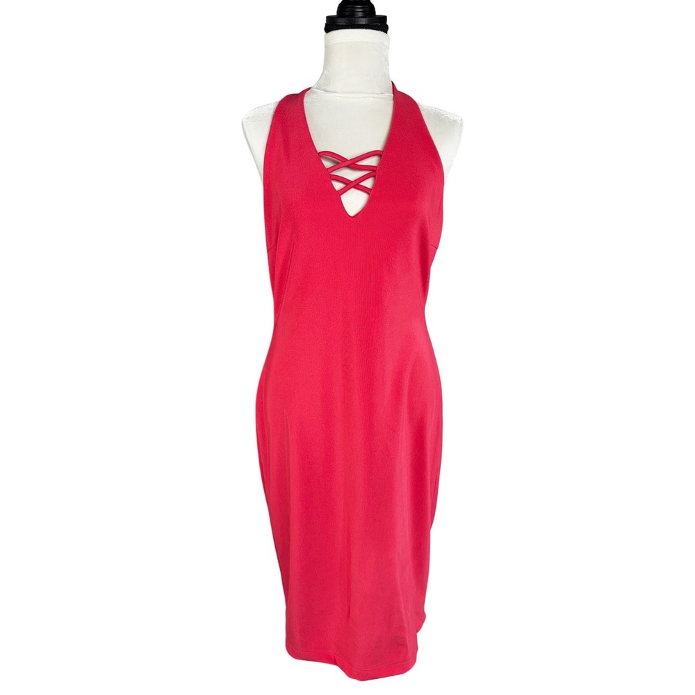 Bisou Bisou Michele Bohbot Red Halter‎ Bodycon Dress Lattice V-Neck Size 12